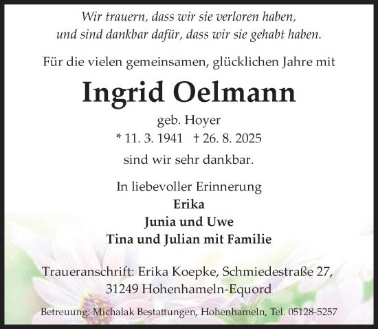 Traueranzeige von Ingrid Oelmann von Hildesheimer Allgemeine Zeitung