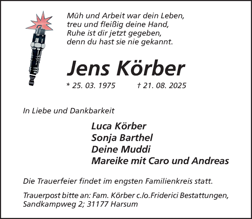  Traueranzeige für Jens Körber vom 27.08.2025 aus Hildesheimer Allgemeine Zeitung
