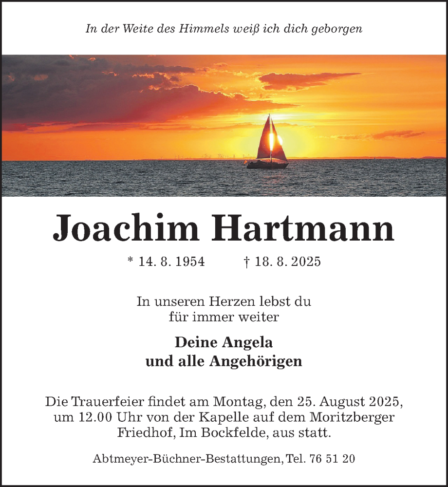  Traueranzeige für Joachim Hartmann vom 23.08.2025 aus Hildesheimer Allgemeine Zeitung