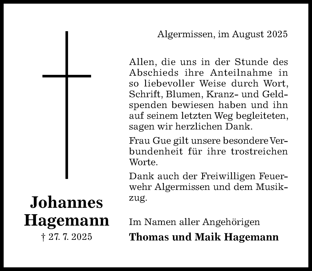  Traueranzeige für Johannes Hagemann vom 16.08.2025 aus Hildesheimer Allgemeine Zeitung