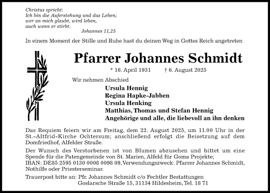 Traueranzeige von Johannes Schmidt von Hildesheimer Allgemeine Zeitung