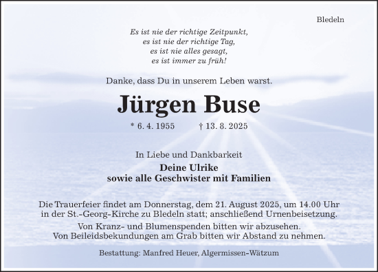 Traueranzeige von Jürgen Buse von Hildesheimer Allgemeine Zeitung
