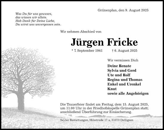 Traueranzeige von Jürgen Fricke von Hildesheimer Allgemeine Zeitung