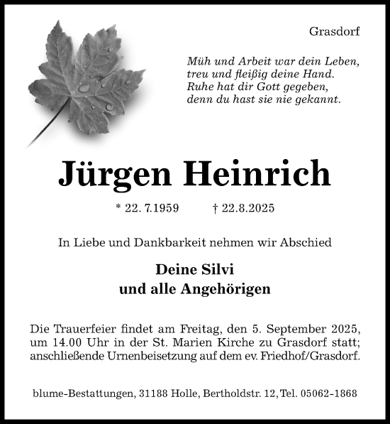 Traueranzeige von Jürgen Heinrich von Hildesheimer Allgemeine Zeitung