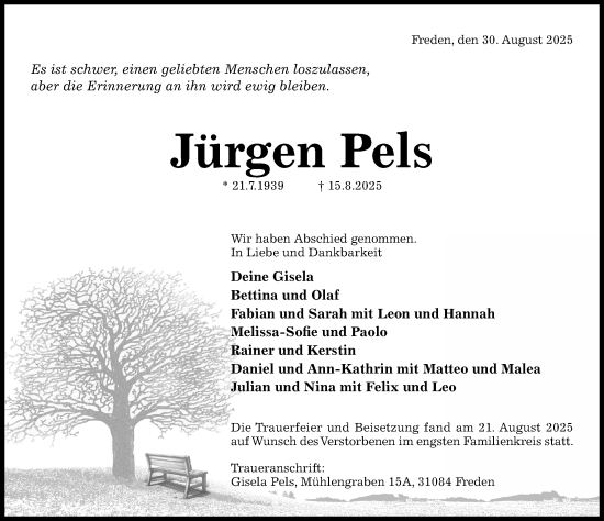 Traueranzeige von Jürgen Pels von Hildesheimer Allgemeine Zeitung