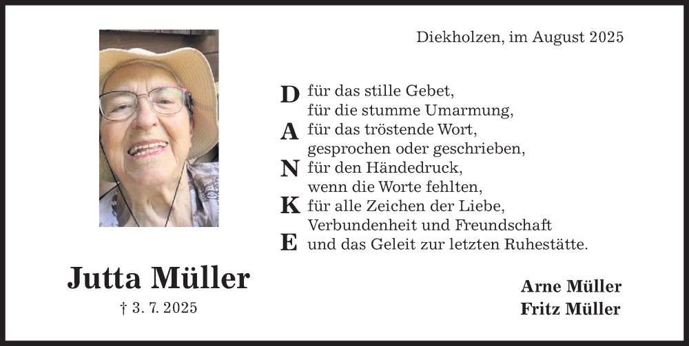 Traueranzeige für Jutta Müller vom 13.08.2025 aus Hildesheimer Allgemeine Zeitung
