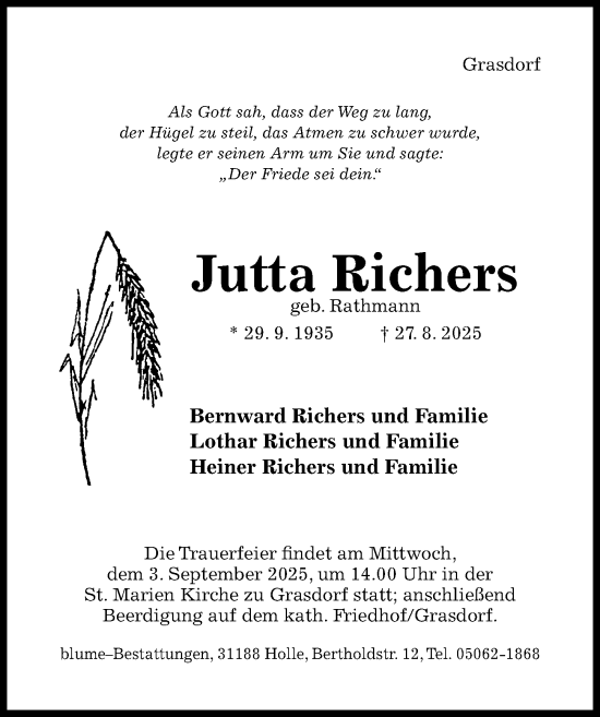 Traueranzeige von Jutta Richers von Hildesheimer Allgemeine Zeitung