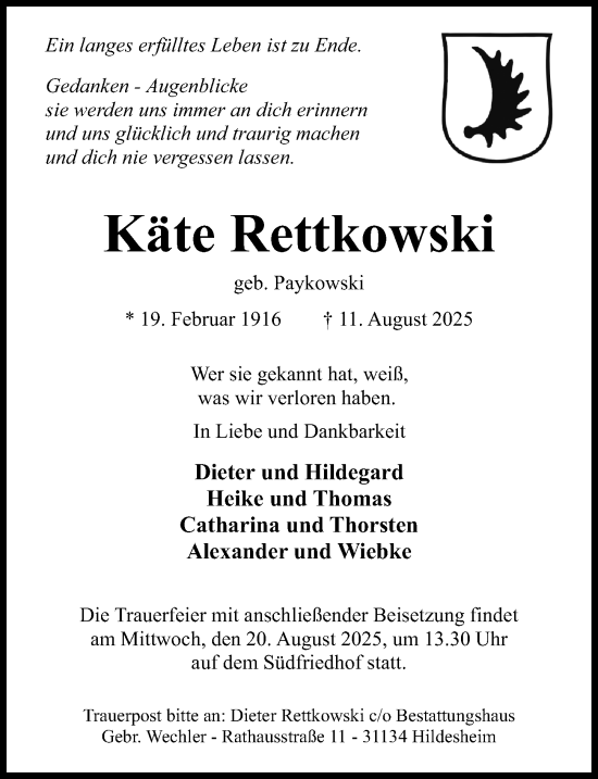 Traueranzeige von Käte Rettkowski von Hildesheimer Allgemeine Zeitung