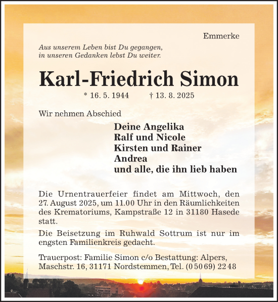 Traueranzeige von Karl-Friedrich Simon von Hildesheimer Allgemeine Zeitung