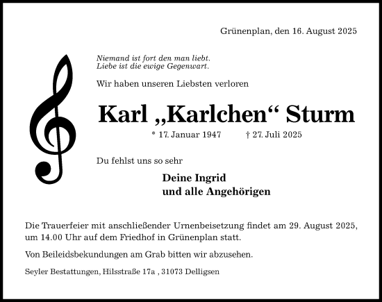 Traueranzeige von Karl Sturm von Hildesheimer Allgemeine Zeitung