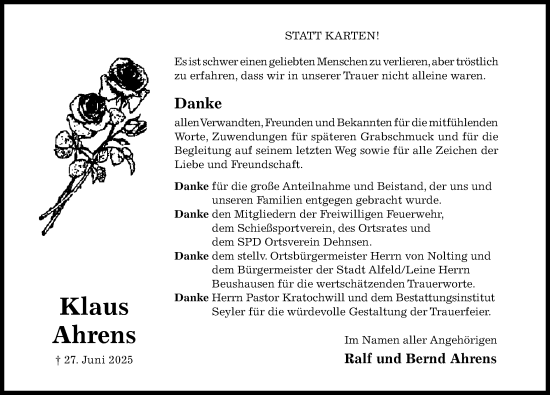 Traueranzeige von Klaus Ahrens von Hildesheimer Allgemeine Zeitung