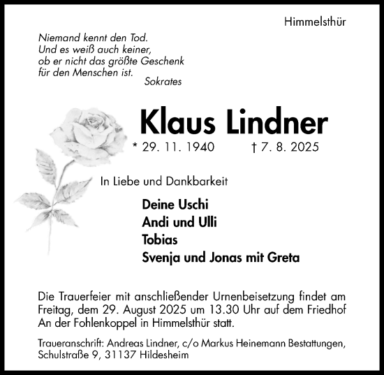 Traueranzeige von Klaus Lindner von Hildesheimer Allgemeine Zeitung