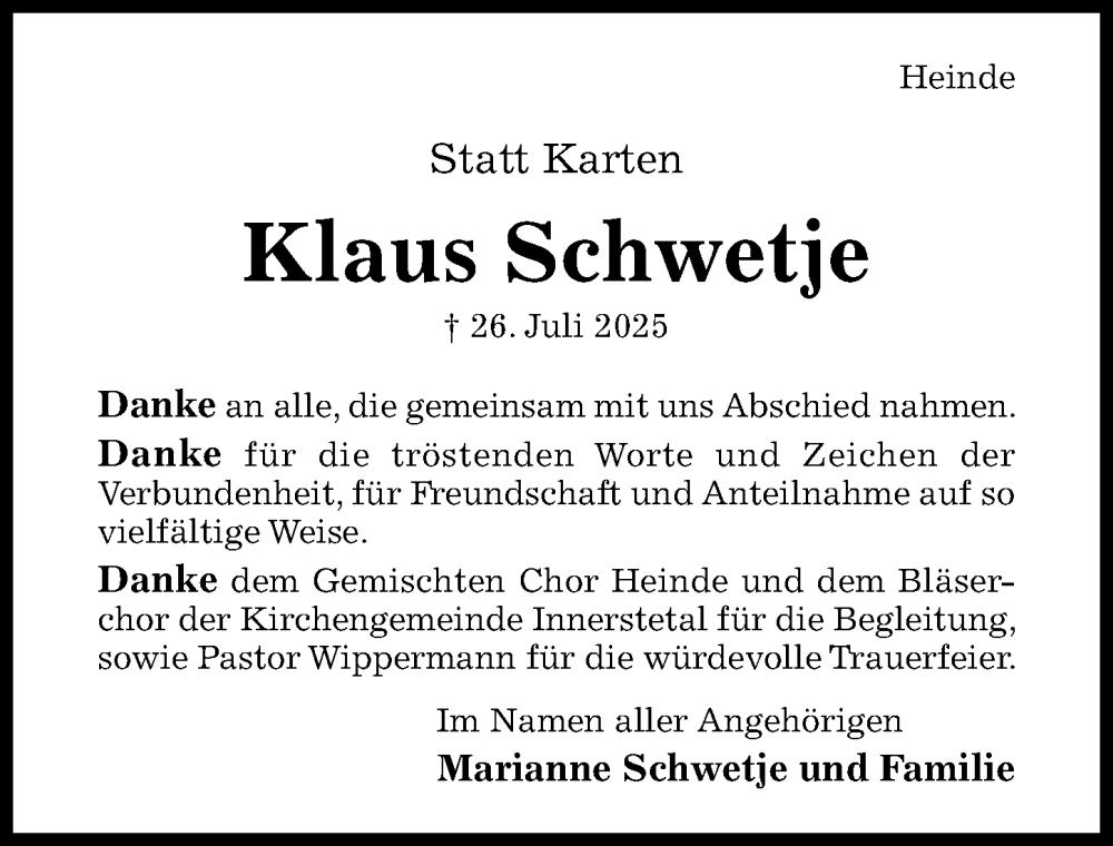  Traueranzeige für Klaus Schwetje vom 09.08.2025 aus Hildesheimer Allgemeine Zeitung