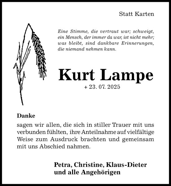 Traueranzeige von Kurt Lampe von Hildesheimer Allgemeine Zeitung