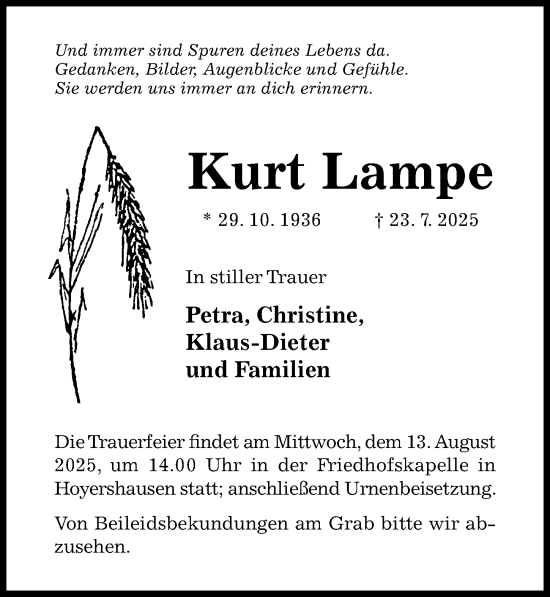 Traueranzeige von Kurt Lampe von Hildesheimer Allgemeine Zeitung