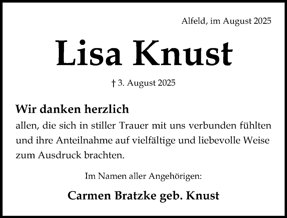  Traueranzeige für Lisa Knust vom 30.08.2025 aus Hildesheimer Allgemeine Zeitung
