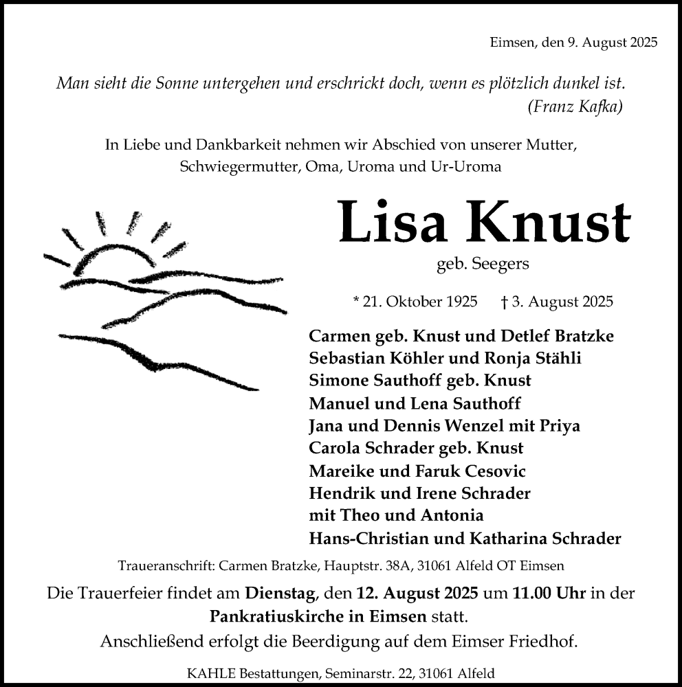  Traueranzeige für Lisa Knust vom 09.08.2025 aus Hildesheimer Allgemeine Zeitung