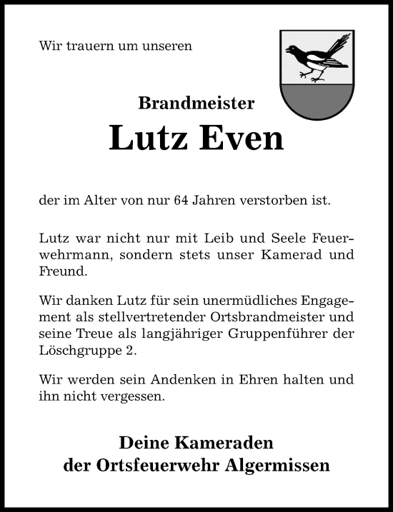 Traueranzeige von Lutz Even von Hildesheimer Allgemeine Zeitung
