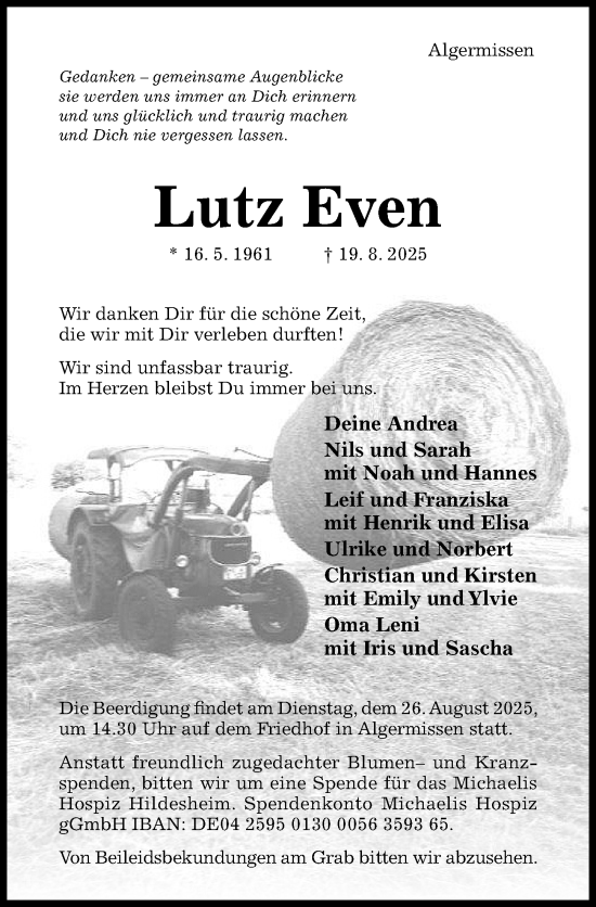 Traueranzeige von Lutz Even von Hildesheimer Allgemeine Zeitung