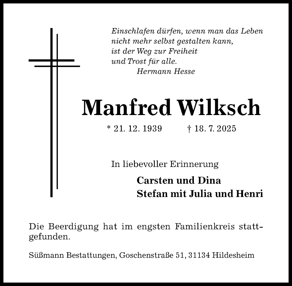  Traueranzeige für Manfred Wilksch vom 13.08.2025 aus Hildesheimer Allgemeine Zeitung