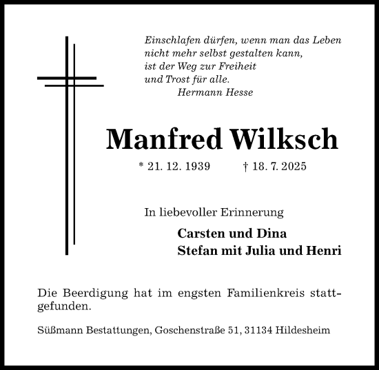 Traueranzeige von Manfred Wilksch von Hildesheimer Allgemeine Zeitung
