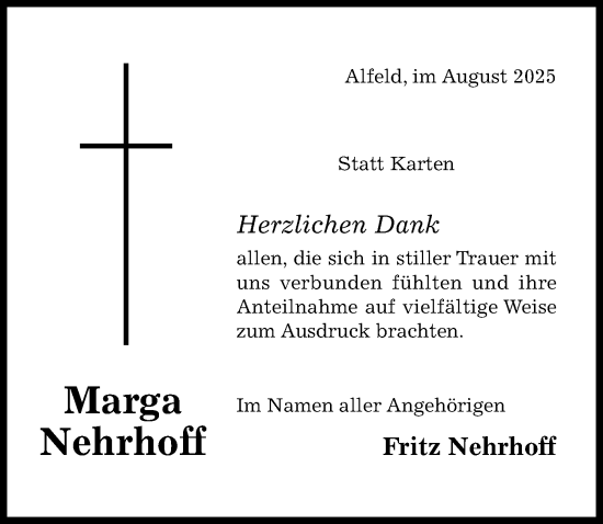 Traueranzeige von Marga Nehrhoff von Hildesheimer Allgemeine Zeitung