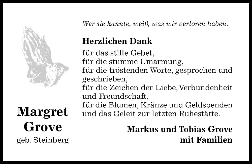 Traueranzeige für Margret Grove vom 09.08.2025 aus Hildesheimer Allgemeine Zeitung