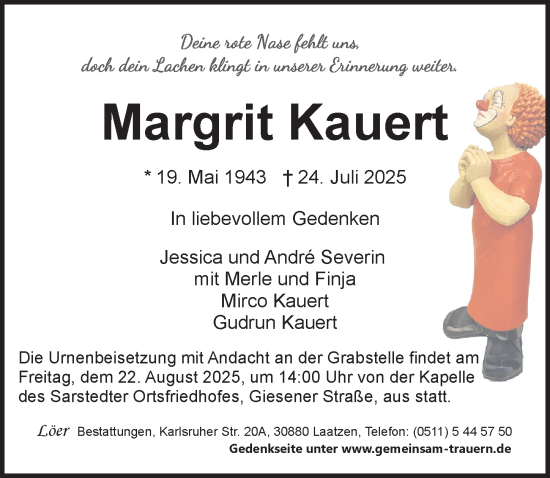 Traueranzeige von Margrit Kauert von Hildesheimer Allgemeine Zeitung