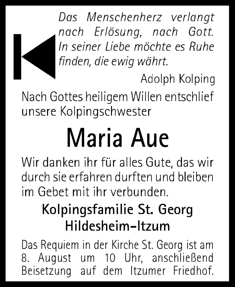  Traueranzeige für Maria Aue vom 06.08.2025 aus Hildesheimer Allgemeine Zeitung