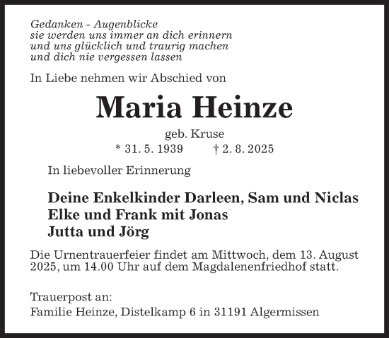 Traueranzeige von Maria Heinze von Hildesheimer Allgemeine Zeitung