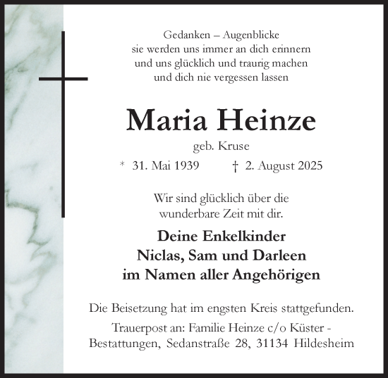 Traueranzeige von Maria Heinze von Hildesheimer Allgemeine Zeitung
