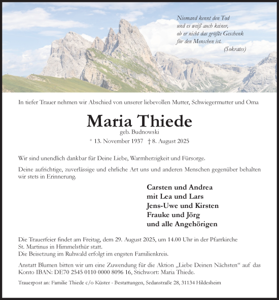 Traueranzeige von Maria Thiede von Hildesheimer Allgemeine Zeitung