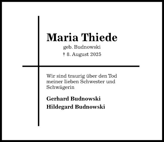 Traueranzeige von Maria Thiede von Hildesheimer Allgemeine Zeitung