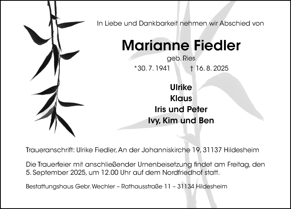  Traueranzeige für Marianne Fiedler vom 23.08.2025 aus Hildesheimer Allgemeine Zeitung