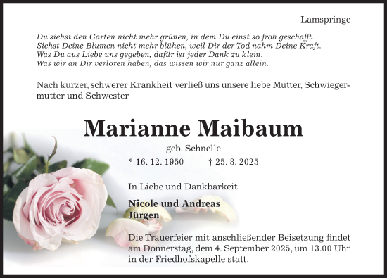 Traueranzeige von Marianne Maibaum von Hildesheimer Allgemeine Zeitung