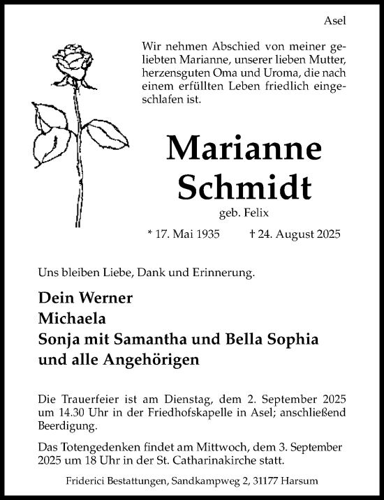 Traueranzeige von Marianne Schmidt von Hildesheimer Allgemeine Zeitung