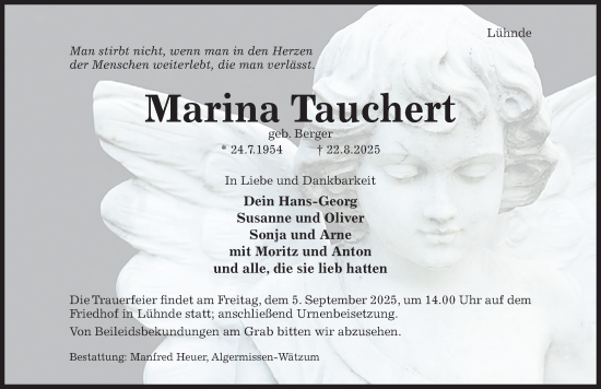 Traueranzeige von Marina Tauchert von Hildesheimer Allgemeine Zeitung