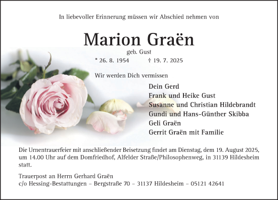 Traueranzeige von Marion Graen von Hildesheimer Allgemeine Zeitung