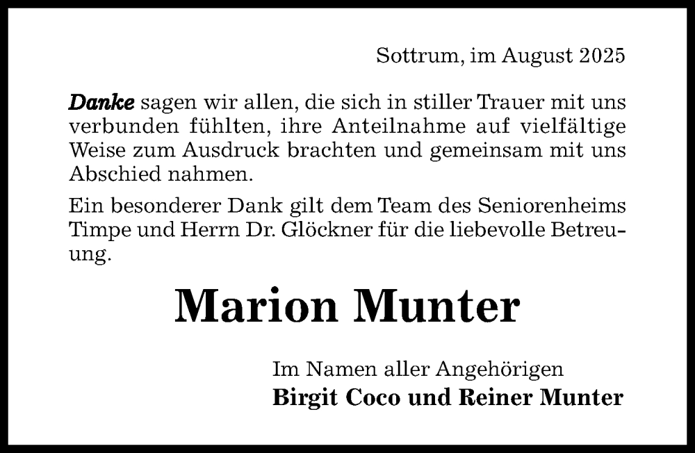  Traueranzeige für Marion Munter vom 13.08.2025 aus Hildesheimer Allgemeine Zeitung