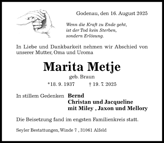 Traueranzeige von Marita Metje von Hildesheimer Allgemeine Zeitung