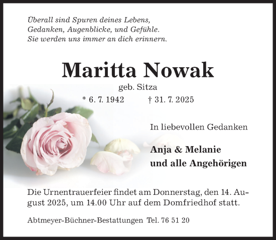 Traueranzeige von Maritta Nowak von Hildesheimer Allgemeine Zeitung