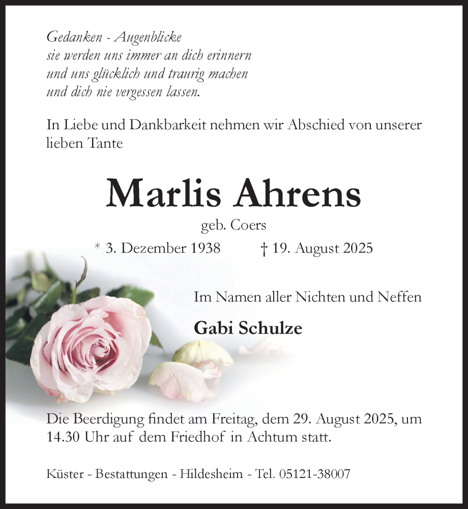  Traueranzeige für Marlis Ahrens vom 27.08.2025 aus Hildesheimer Allgemeine Zeitung