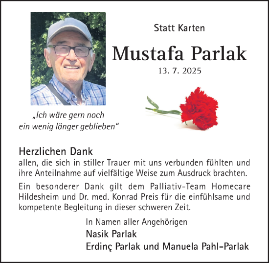 Traueranzeige von Mustafa Parlak von Hildesheimer Allgemeine Zeitung