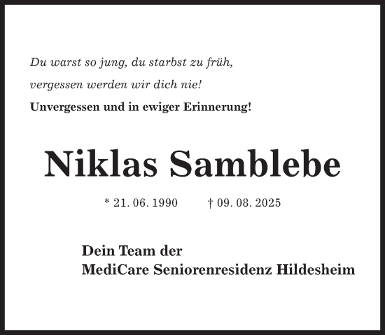 Traueranzeige von Niklas Samblebe von Hildesheimer Allgemeine Zeitung