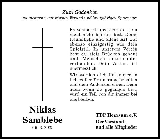 Traueranzeige von Niklas Samblebe von Hildesheimer Allgemeine Zeitung