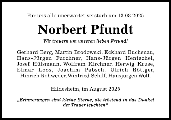 Traueranzeige von Norbert Pfundt von Hildesheimer Allgemeine Zeitung