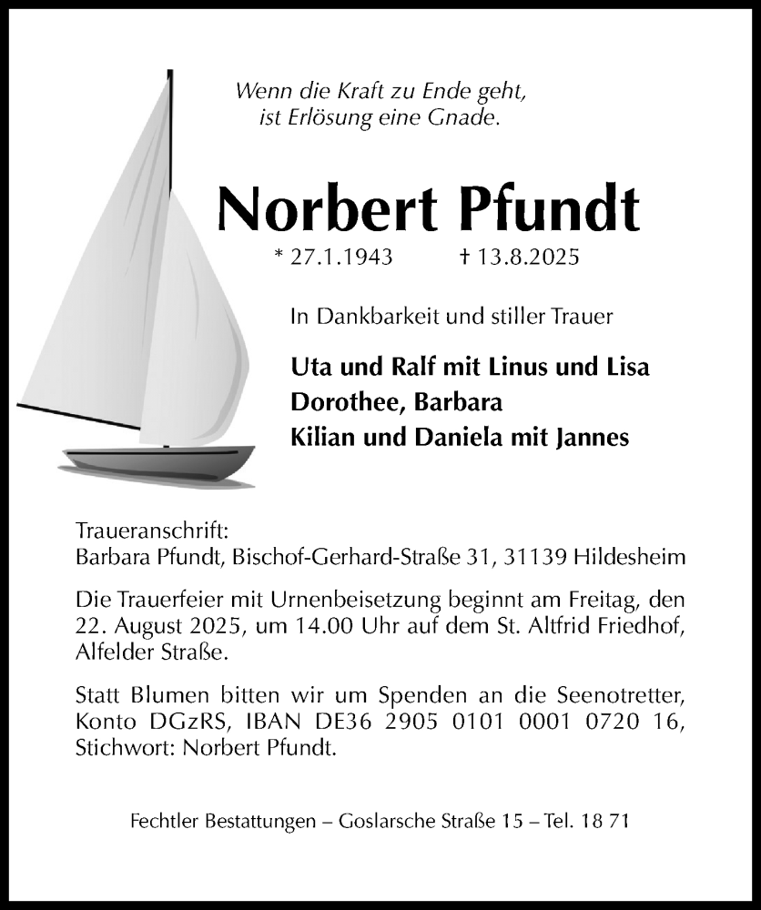  Traueranzeige für Norbert Pfundt vom 19.08.2025 aus Hildesheimer Allgemeine Zeitung
