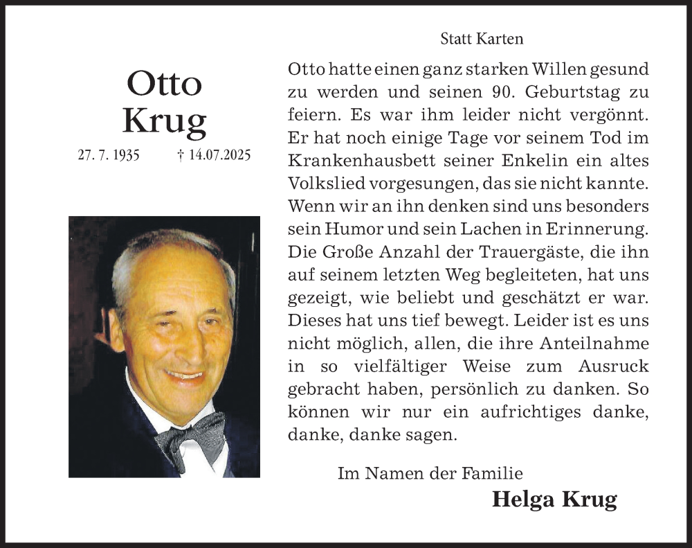  Traueranzeige für Otto Krug vom 23.08.2025 aus Hildesheimer Allgemeine Zeitung