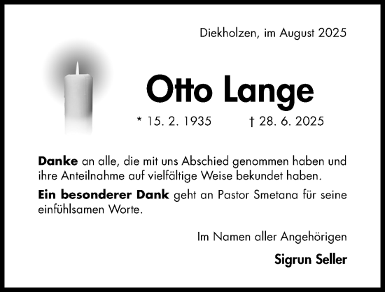 Traueranzeige von Otto Lange von Hildesheimer Allgemeine Zeitung
