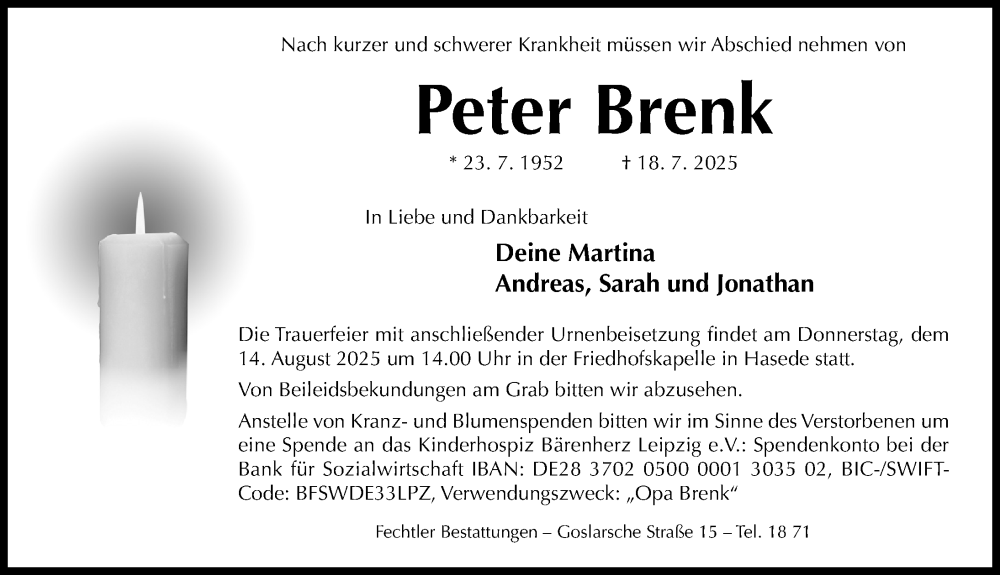  Traueranzeige für Peter Brenk vom 06.08.2025 aus Hildesheimer Allgemeine Zeitung